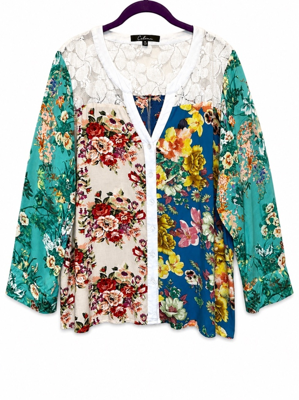 Calessa XL Floral/Lace Print Blouse Roll Tab Sleeves V-Neck Full button